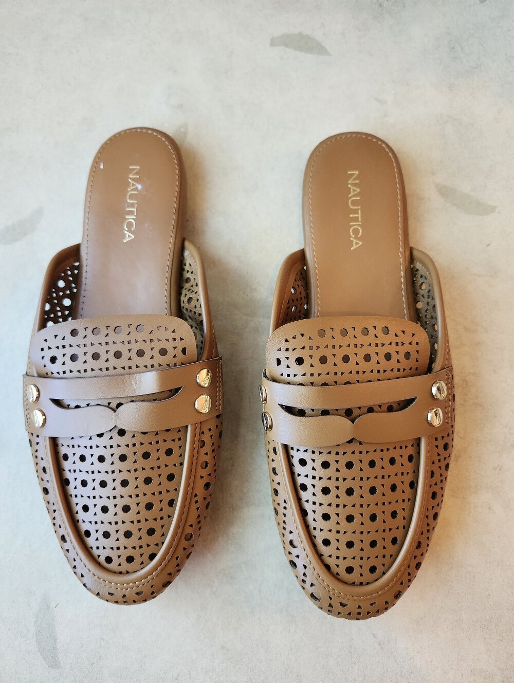 Nautica Women's Tan Perforated Slip-On Mules with Decorative Studs